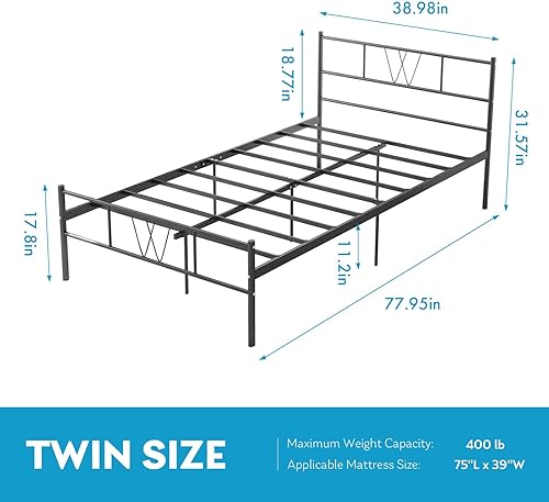Miniatura 2 de wOod-it Base de cama individual con cabecero, plataforma de metal de 12.8 pulgadas, base de colchón de listones de acero resistente sin ruido, no