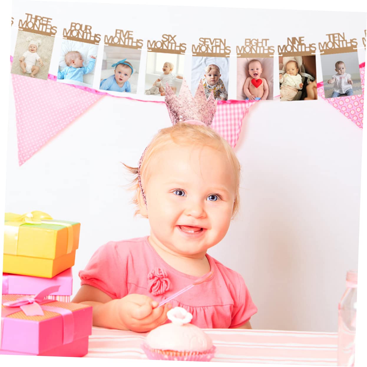 VILLFUL 2 Set 12 1st Birthday Pull Flag 1st Birthday Photo Banner 1st Birthday Banner 12 Month Photo Banner Boy or Girl First Birthday Bunting Wedding Kraft Paper Material Decorations