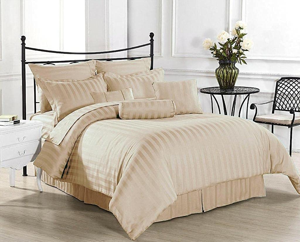 Premium Glace Cotton Satin King Size Stripes Pattern Quilt/Duvet Cover With Zipper Closure (90X100 Inch), Beige, 200 Tc