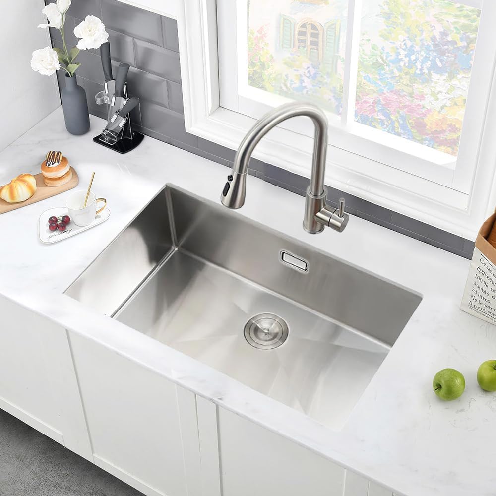 Stainless Steel Kitchen Sink, 75X45X20CM, BoomHoze Undermount Single Bowl Outdoor Campervan Sink with Silencer Pad, Drainer Fittings, Drop in Flushmount or Topmount Installation, Brushed