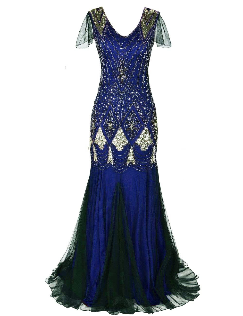 MAYEVER Women's Long 1920s Prom Dress Beaded Sequined Mermaid Pendant Evening Dress with Sleeves