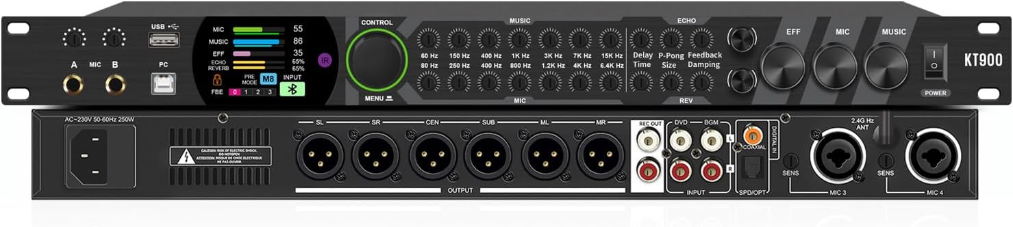 KT900 Professional KTV Digital Pre-stage Effector Anti-howling Audio Processor Echo USB MP3 Bluetooth Optical,4 Mic Inpout For Household Reverberator Karaoke,Stage,Church, Performance