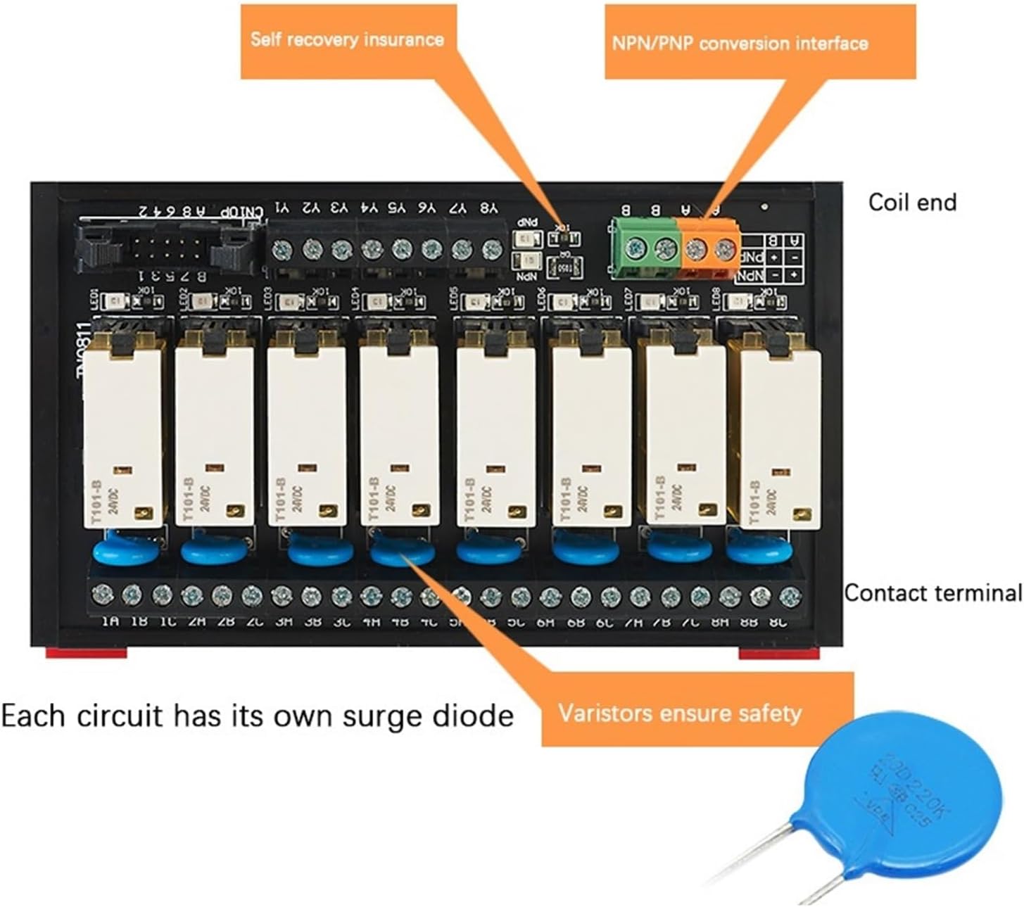VARNOK PLC Signal Amplifier Board Relay Module Control Module 8-Way PLC Amplifier Board 12VDV24VDC 220V NPN/PNP Common 4/6/8/10/12 Channel(AC220V,TN0622-TK)