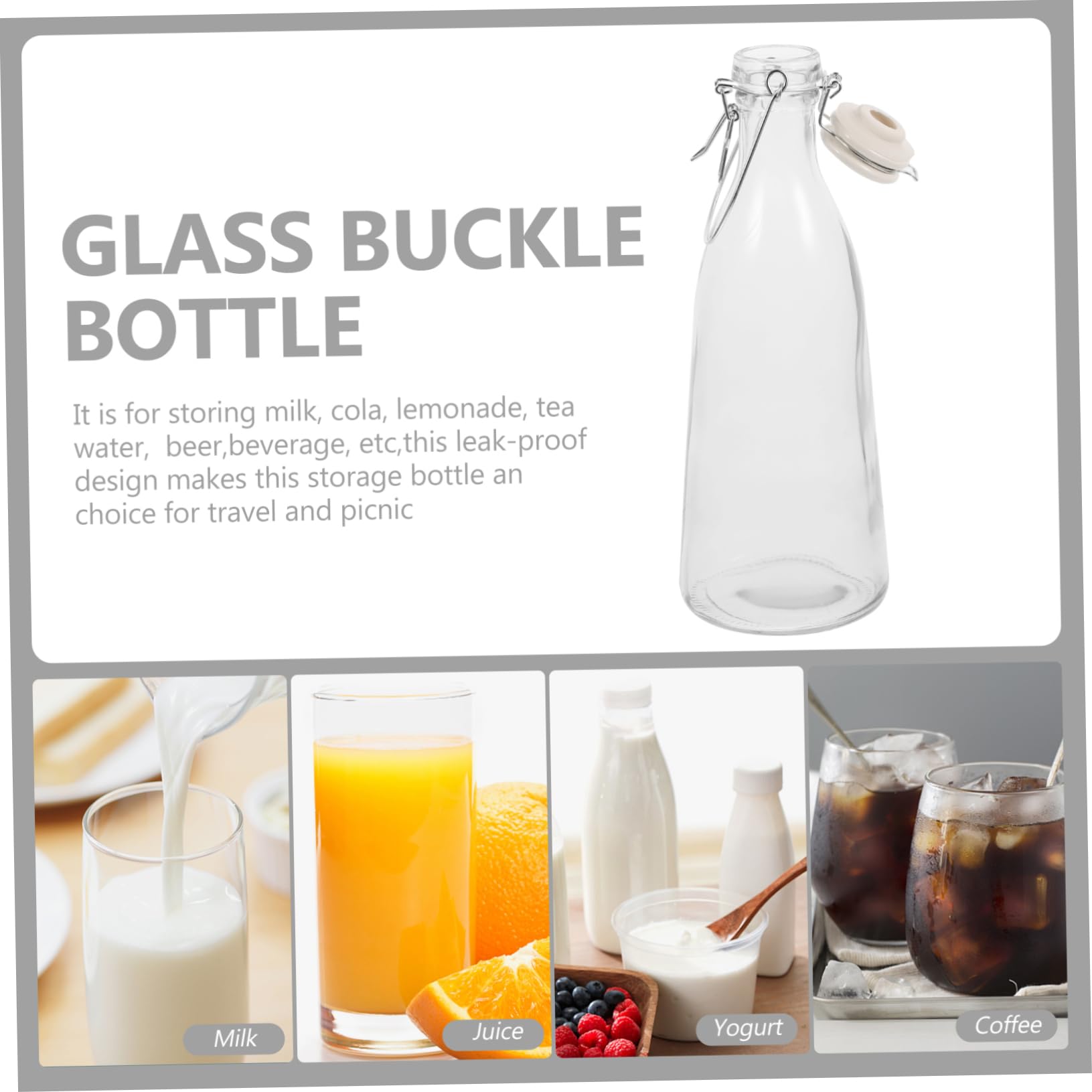 Mikinona Transparente Glasflasche 1000ml mit Verschluss, Auslaufsicher