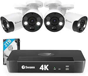 Swann Home Security Camera System with 2TB HDD, 8 Channel 4 Cam, POE Cat5e NVR 4K HD Video, Indoor or Outdoor Wired Surveillance CCTV, Color Night Vision, Heat Motion Detection, LED Lights, 886804FB asin的图片