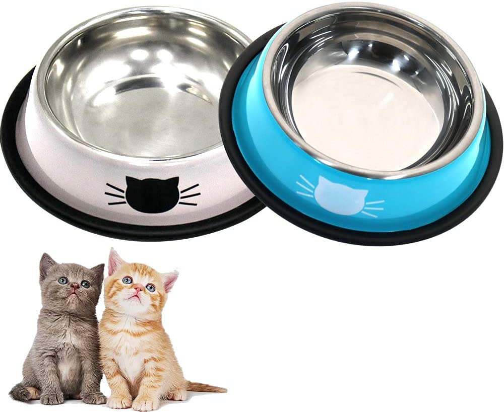 DOMI PRO Cat Bowls 2pc Gray & Black Non-Slip Stainless Steel Cat Bowl Cat Water Bowl Cat Food Bowl Cat Bowls for Kitten (Blue+Gray)