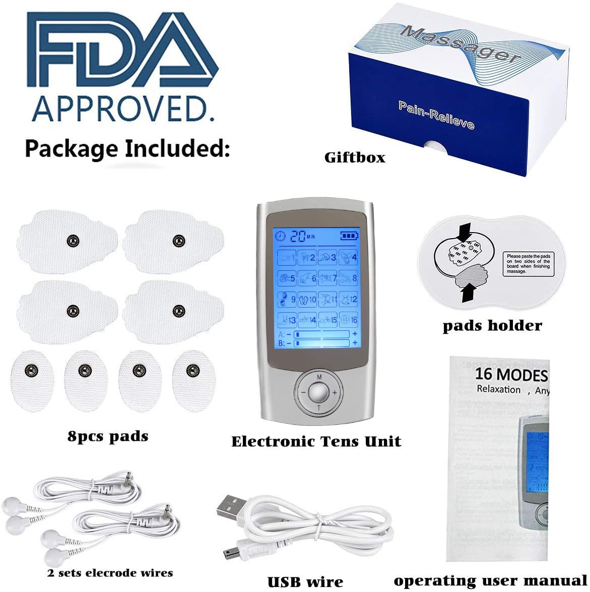 TENS Professionale Elettrostimolatore Muscolare, Dispositivo di EMS ricaricabile con 16 Modalità, per alleviare dolore su schiena, collo, spalle