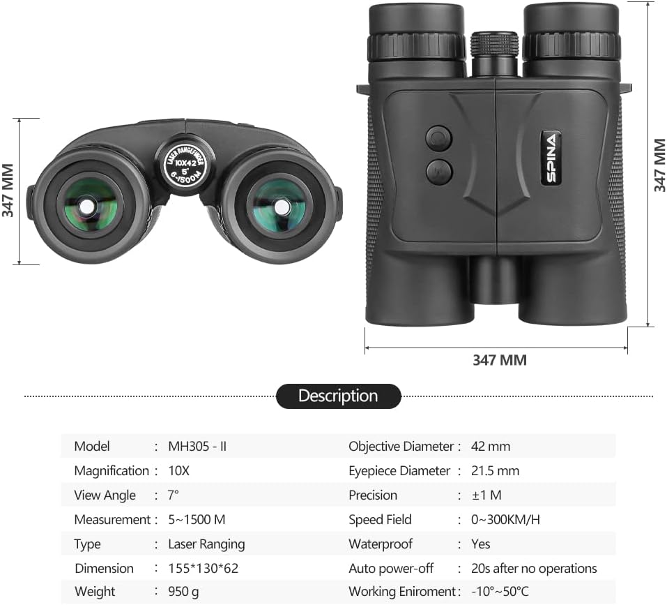 SPINA OPTICS 10X42 Laser Rangefinder 1200 Meters Ranging Binoculars Telescope for Archery/Bow Hunting/Shooting/Birdviewing
