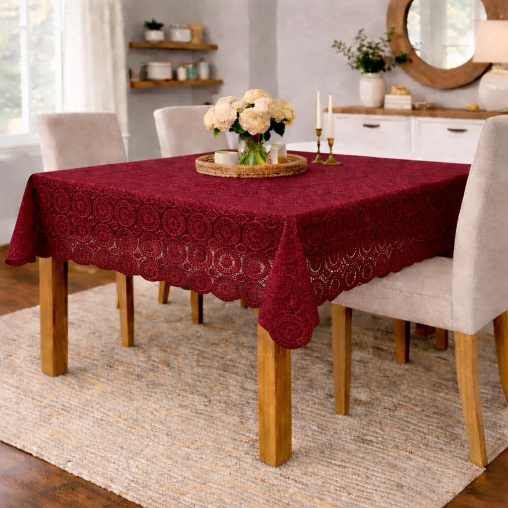 STITCHNEST Cotton Net Table Cover for 2β4 Seater Dining Table | Decorative Lace Design | |40x60 Inch Rectangular Center Table Cloth | Red | Pack of 1 3