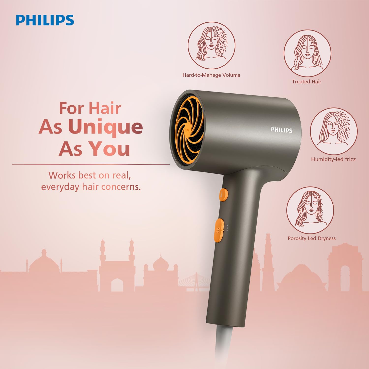 Philips India's No.1 Hair Styling Brand - Glass like Shine Hair Dryer | 1600W | 4 Heat x Speed Modes | 30M Negative ions | Travel-Friendly | For Indian Hair | Gifts for Men | BHD321 4