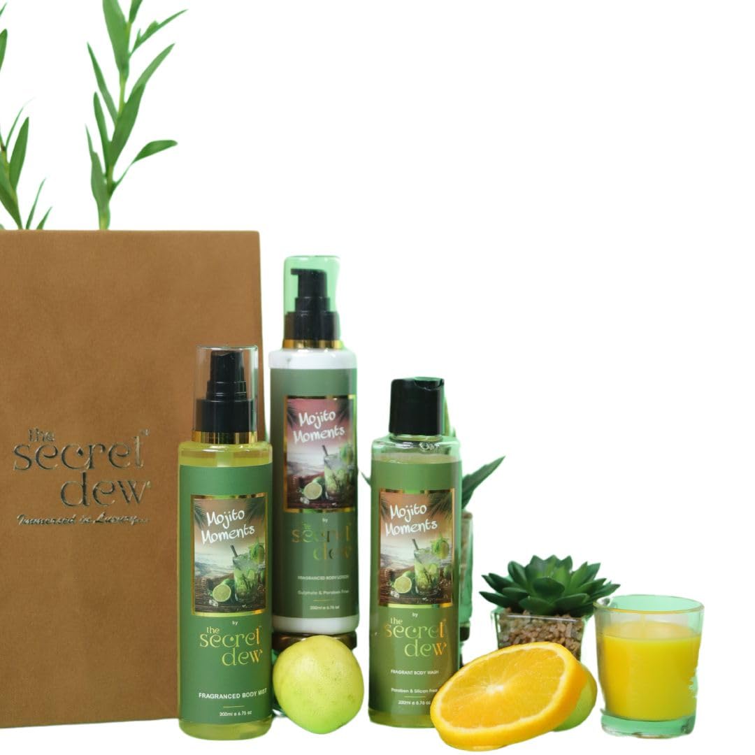 The Secret Dew Gift Hamper of Body Wash, Body Lotion and Body Mist | Pampering Kit for Birthday, Anniversary & Corporate Gifts |100% Vegan Gift Set for Women (1 Box Set, Mojito Moment)-image-20