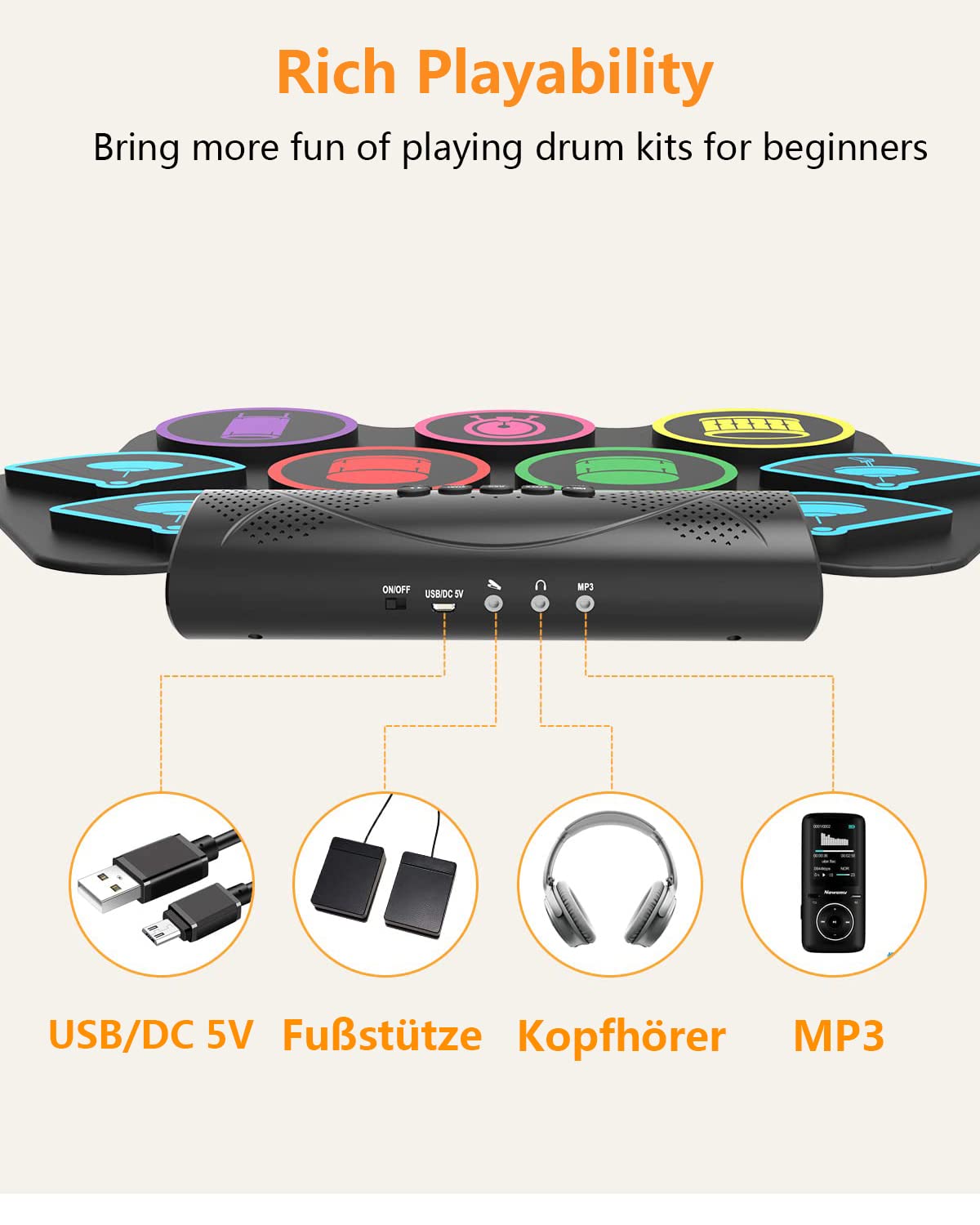 Schlagzeug Elektronisch, 9 Pads Faltbares Elektronisches Schlagzeug mit Drumsticks, Tragrbares Elektrische Drum Set mit Bluetooth für Kinder, Anfänger Geburtstag und Geschenk