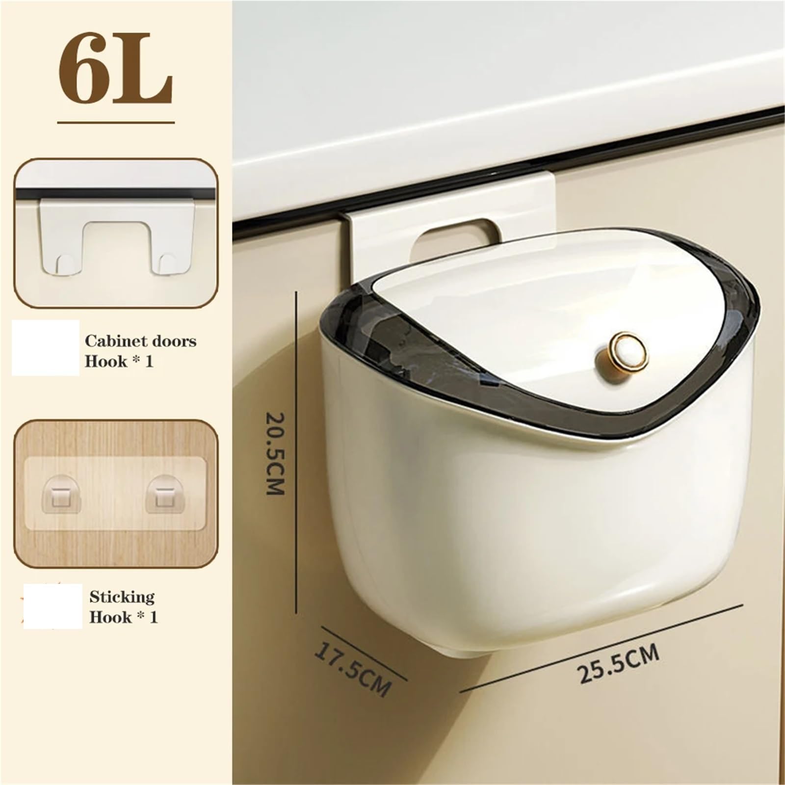 cestino della spazzatura da cucina a sospensione, Cestino for rifiuti alimentari da 6/9 litri, con coperchio, for armadietto, secchio for la raccolta della carta igienica, for la casa(6L)