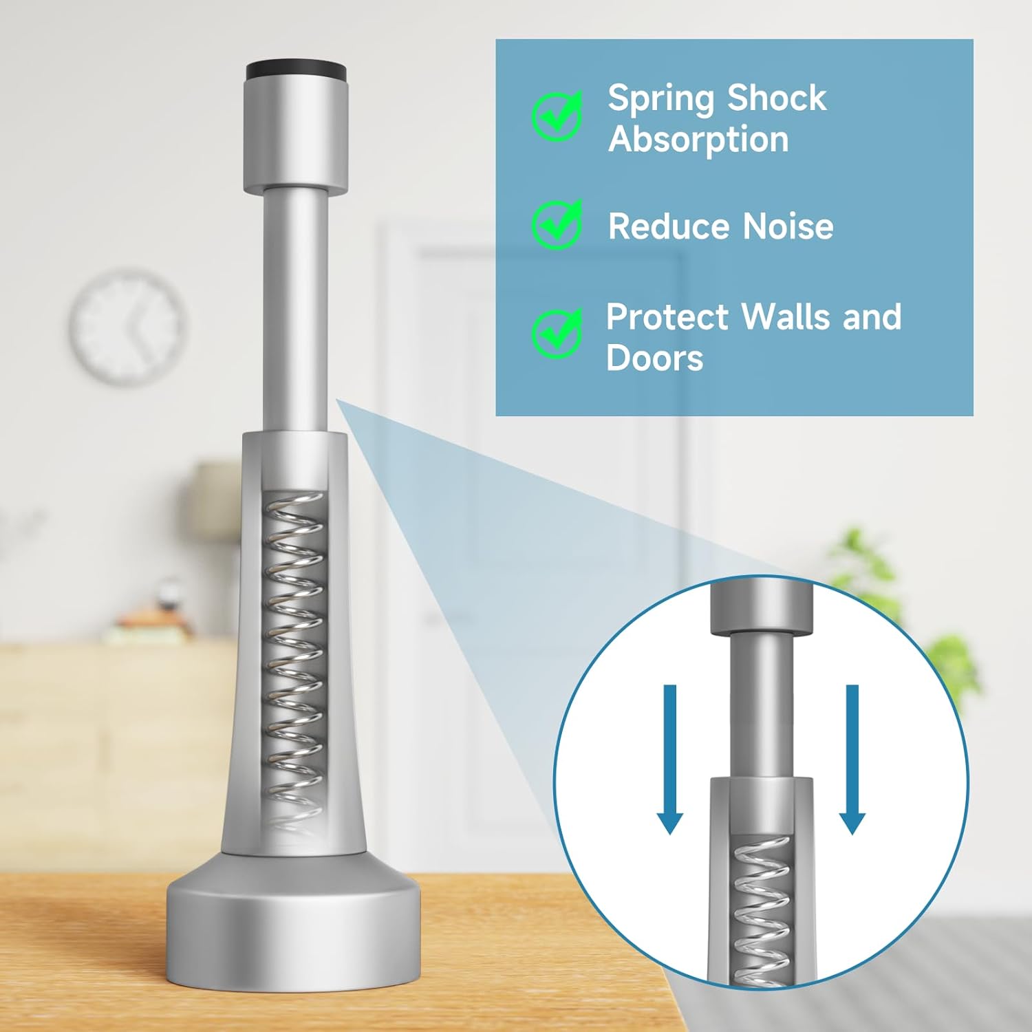 5PCS Spring Door Stoppers for Wall - 4.33 Inch Door Stop for Bottom of Door, Aluminum Doorstopper with Silicone Tip, Screw & Adhesive Installation, Silver