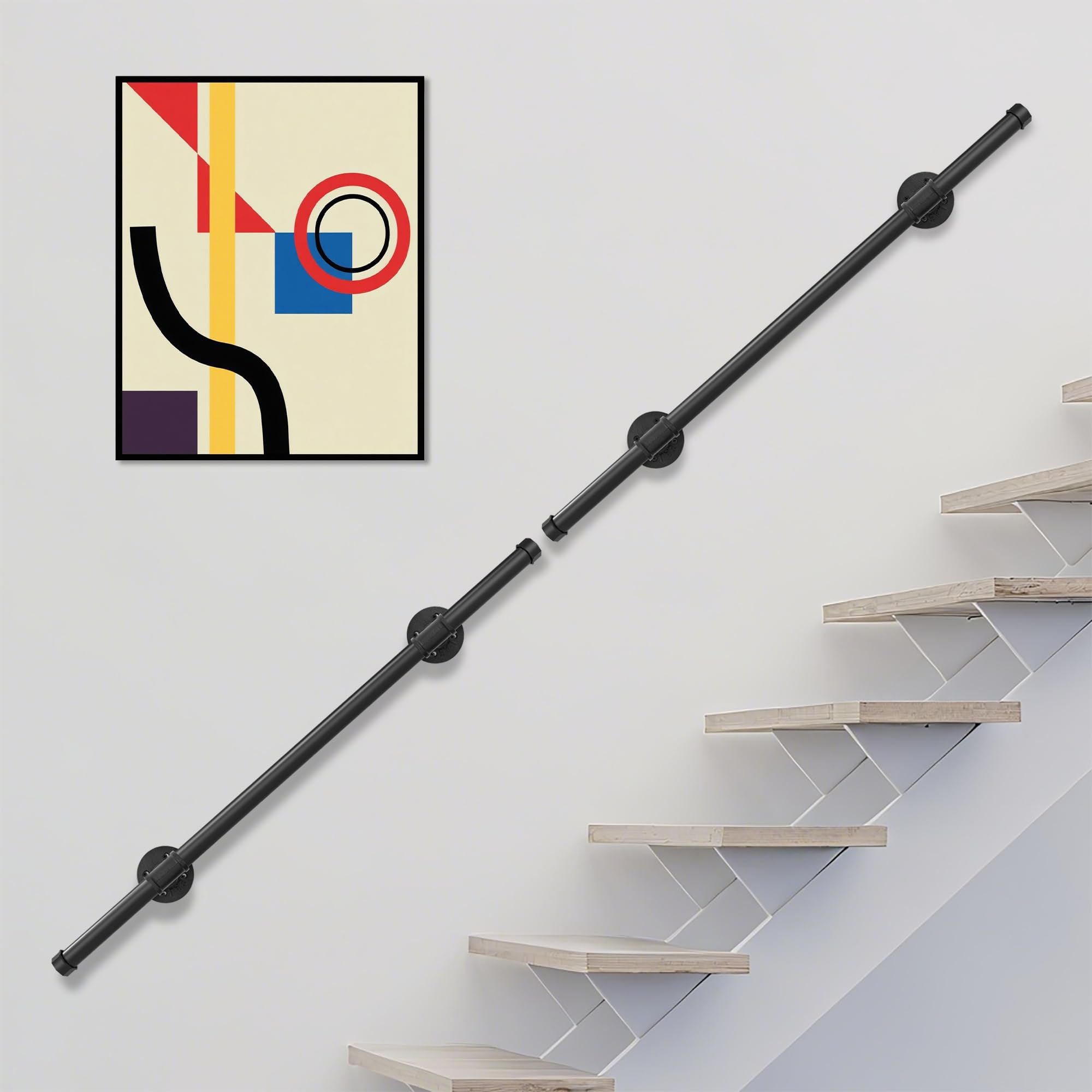 OUUTMEE Mango de 100cm Negro Hierro Forjado Mango de pared Calibre: ø25 mm, adecuado para interiores y exteriores, barandilla de escalera, con soporte de pared y tapas de extremo