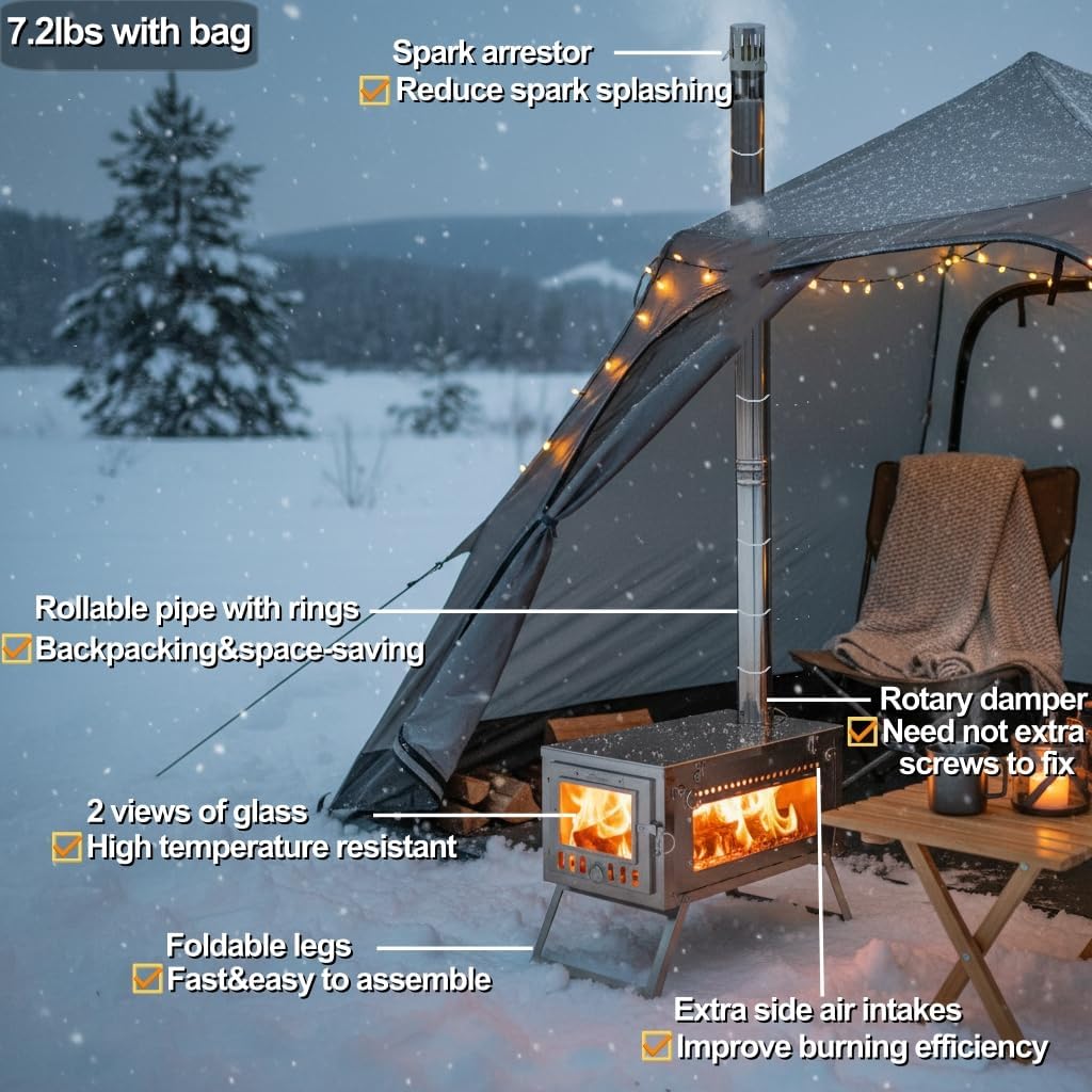 DANCHEL OUTDOOR S6/SSG Portable Folding Hot Tent Camping Stove, 304 Stainless Steel Small Tent Wood Stove with 7.2ft Pipe for Winter Survival,Cooking, Backpacking