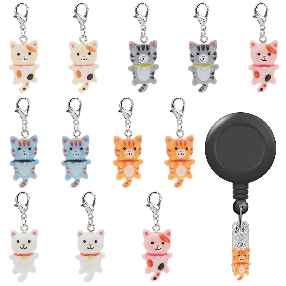 WEBEEDY 12 Pieces Badge Reel Charm for Student Nurse Teacher, 6 Colors Cat Badge Holder Charms for ID Card Name Tag Badge Holder Badge Buddy Office School Graduation Supplies