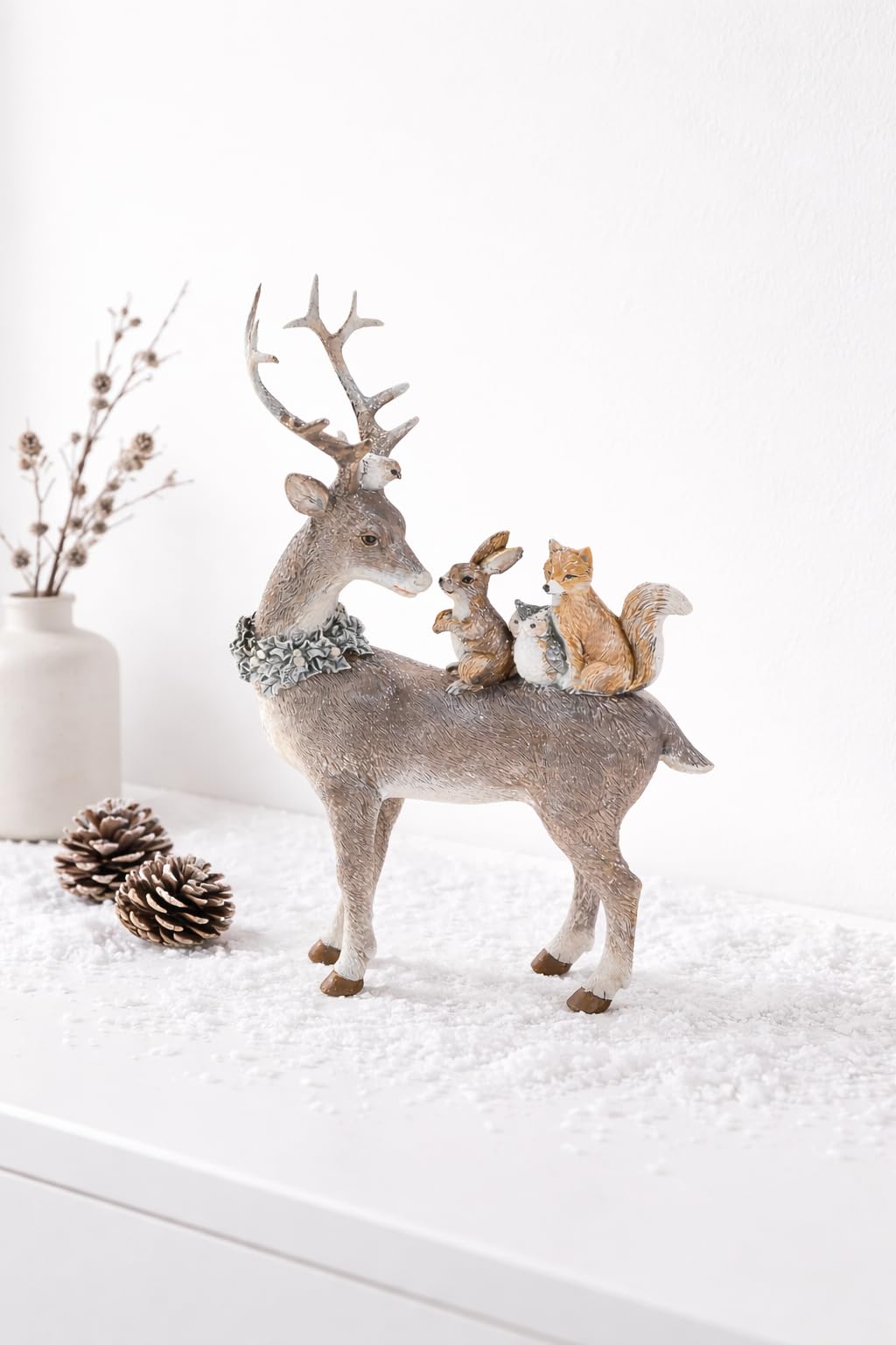 Statuetta decorativa a forma di cervo con animali della foresta e glitter, decorazione natalizia, per l'Avvento e l'inverno