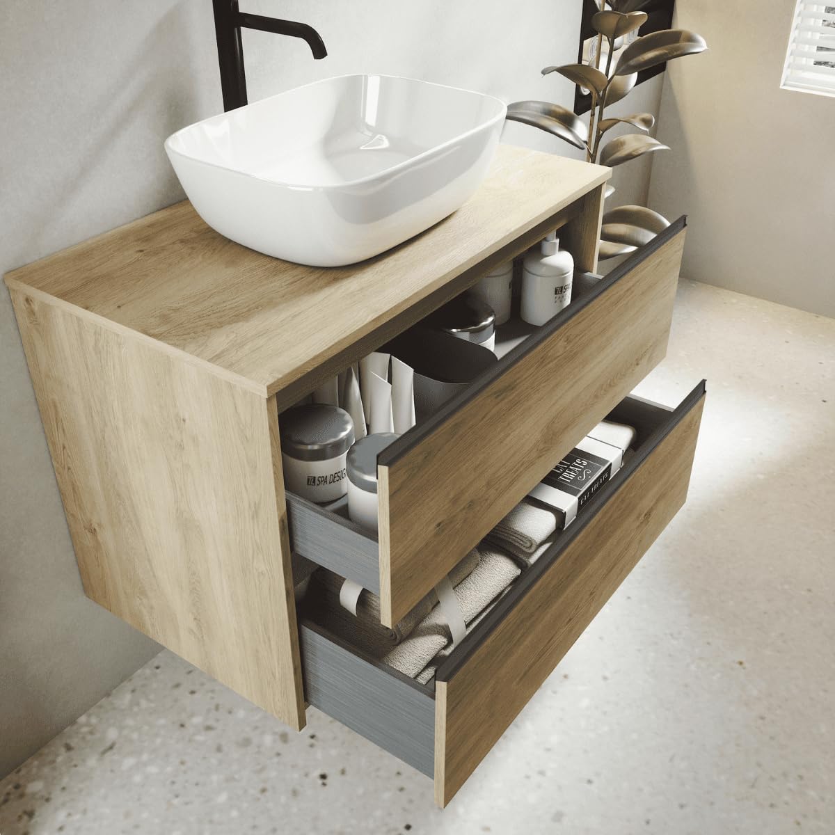 Mueble de Baño Suspendido con Lavabo Sobreponer Cerámico |Mueble Volado 2 Cajones Con Tirador | 60 cm Roble Natural Tirador Negro
