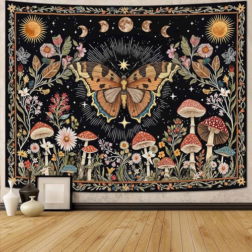 Accnicc Boho Butterfly Tapestry Mushroom Sun and Moon Hippie Wall Tapestry for Bedroom Aesthetic Vintage Floral Plant Small Tapestries Wall Hanging for Dorm Living Room Decor 48 x 36 Inch