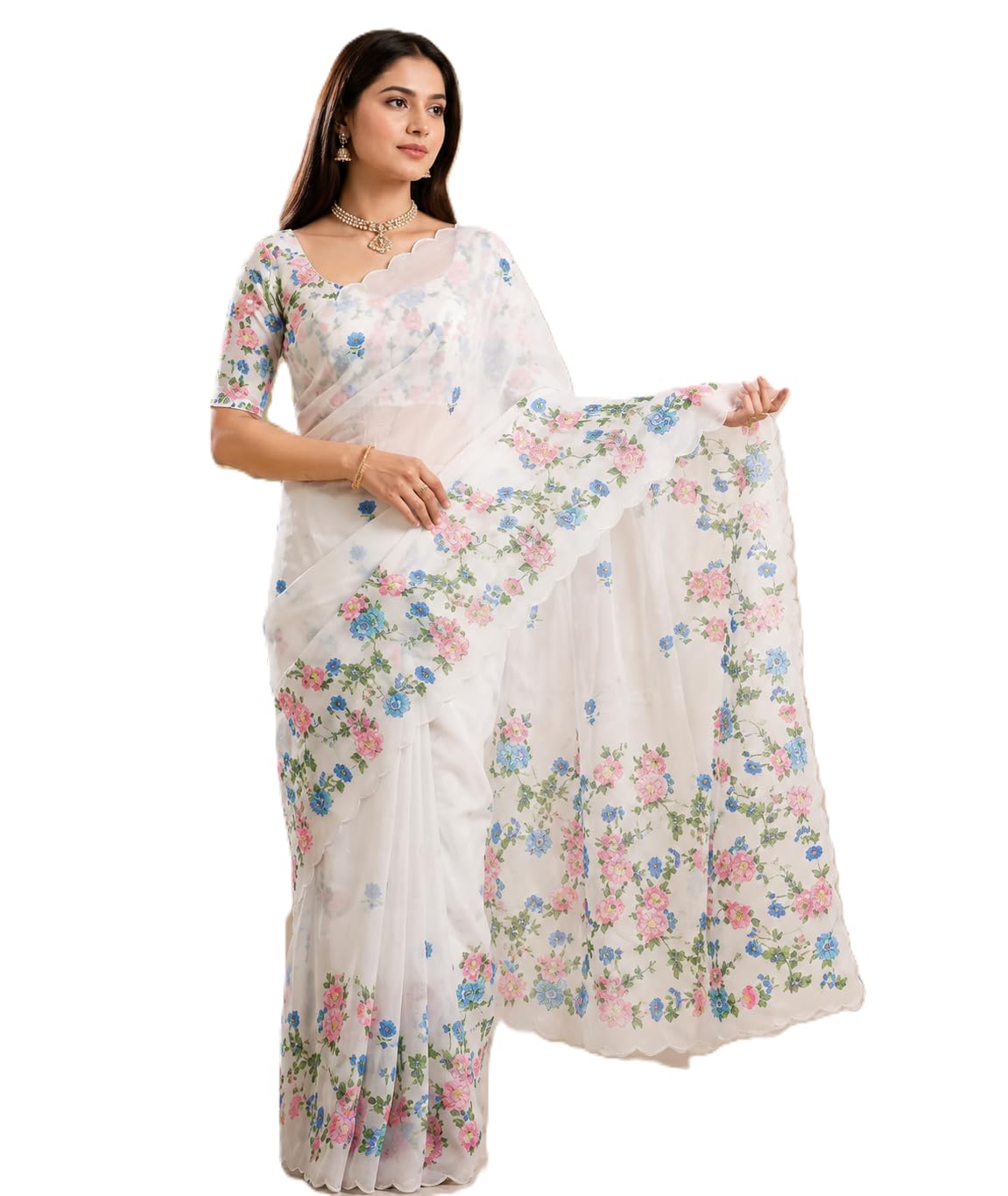 Women's White Floral Printed Organza Saree with Unstitched Matching Printed Blouse Piece | Soft Lightweight Designer Party & Wear, Wedding, Festive & Casual Saree with Scalloped Border-image-17