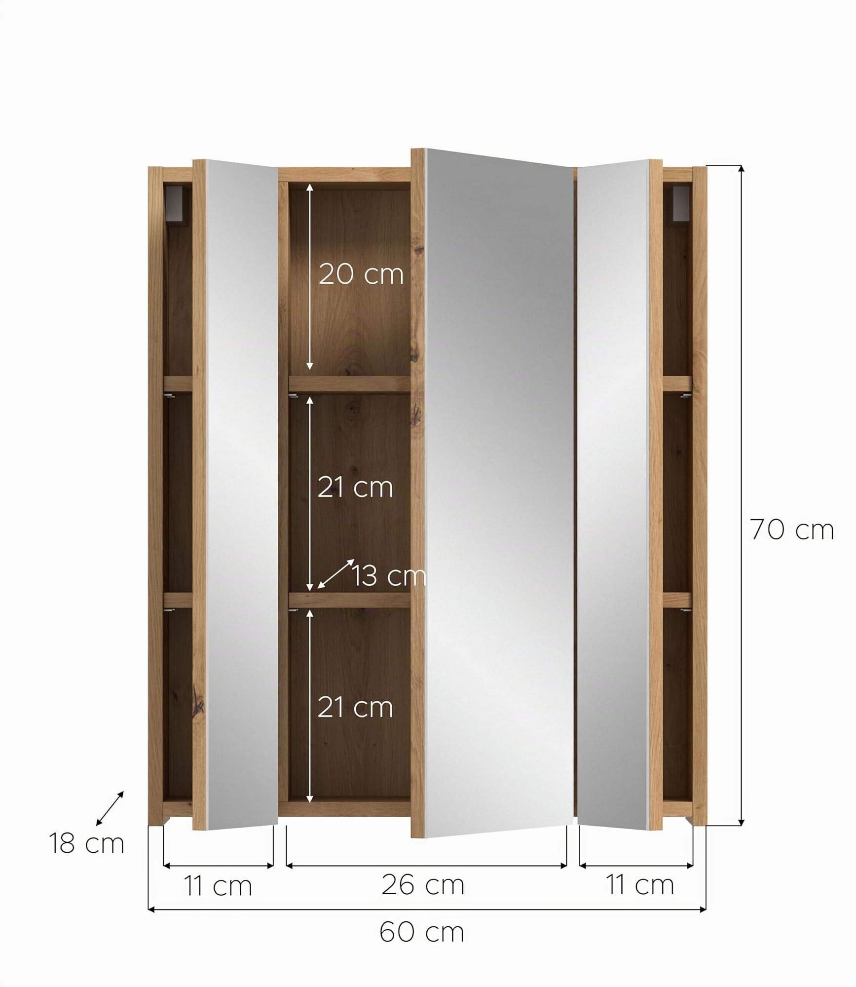 xonox.home – Spiegelschrank Ice 60x70x18 cm in Korpus und Front Artisan Oak Nachbildung – Spiegelschrank mit dunkler Holzoptik – funktional & modern – Bild 4