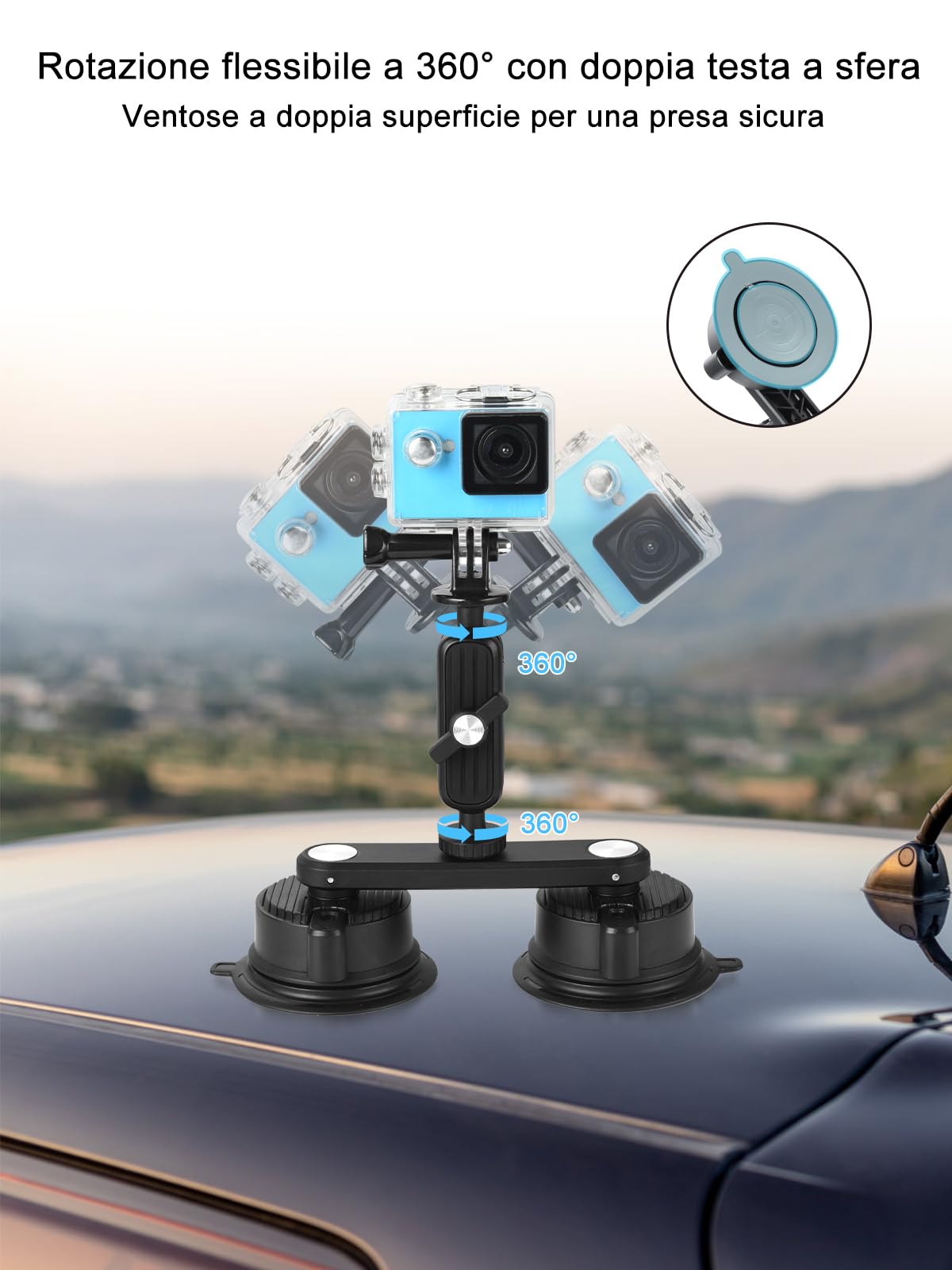 UTEBIT Supporto a Ventosa per GoPro, Supporto Fotocamera con Doppia Ventosa Magnetica, Magic Arm, Testa a Sfera Rotazione a 360°（Carico Massimo di 3 KG）