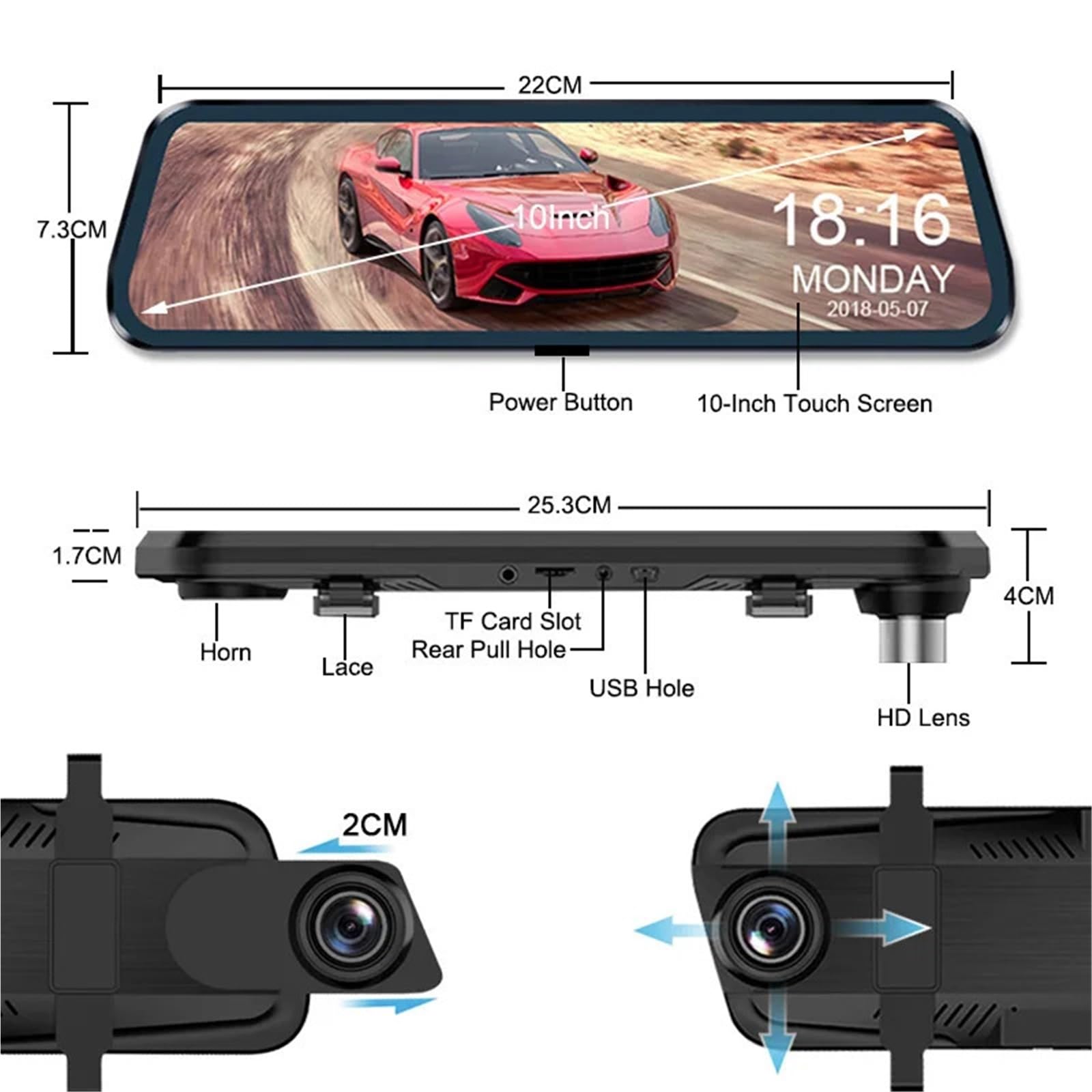 Kamera samochodowa, Kamera Na Deskę Rozdzielczą 1080P W Lusterku WIFI Podwójny Obiektyw Wideorejestrator Samochodowy