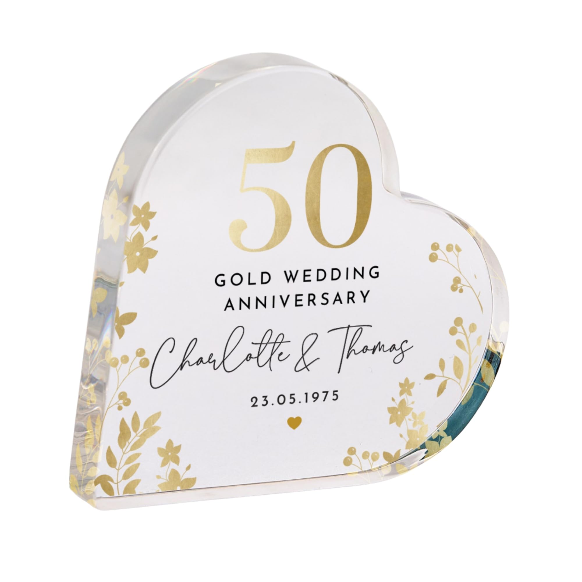 Pomchick - Personalised 50th Wedding Anniversary Gold Anniversary Heart-Shaped Acrylic Plaque Golden Keepsake with Names Date Gift for Couples
