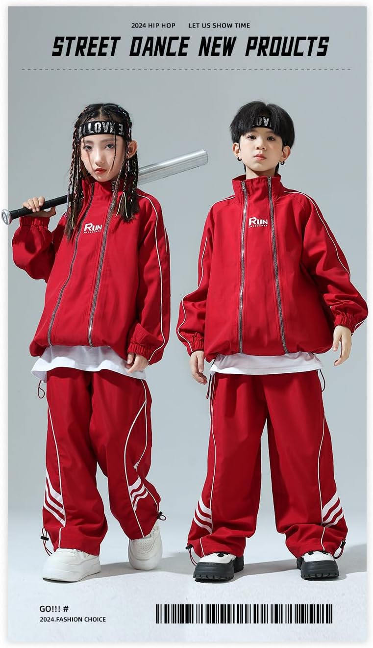 Irsutey Boys And Girls' Three Piece Windbreaker Jacket Work Pants Short Sleeved Set Hip-Hop Dance Streetwear
