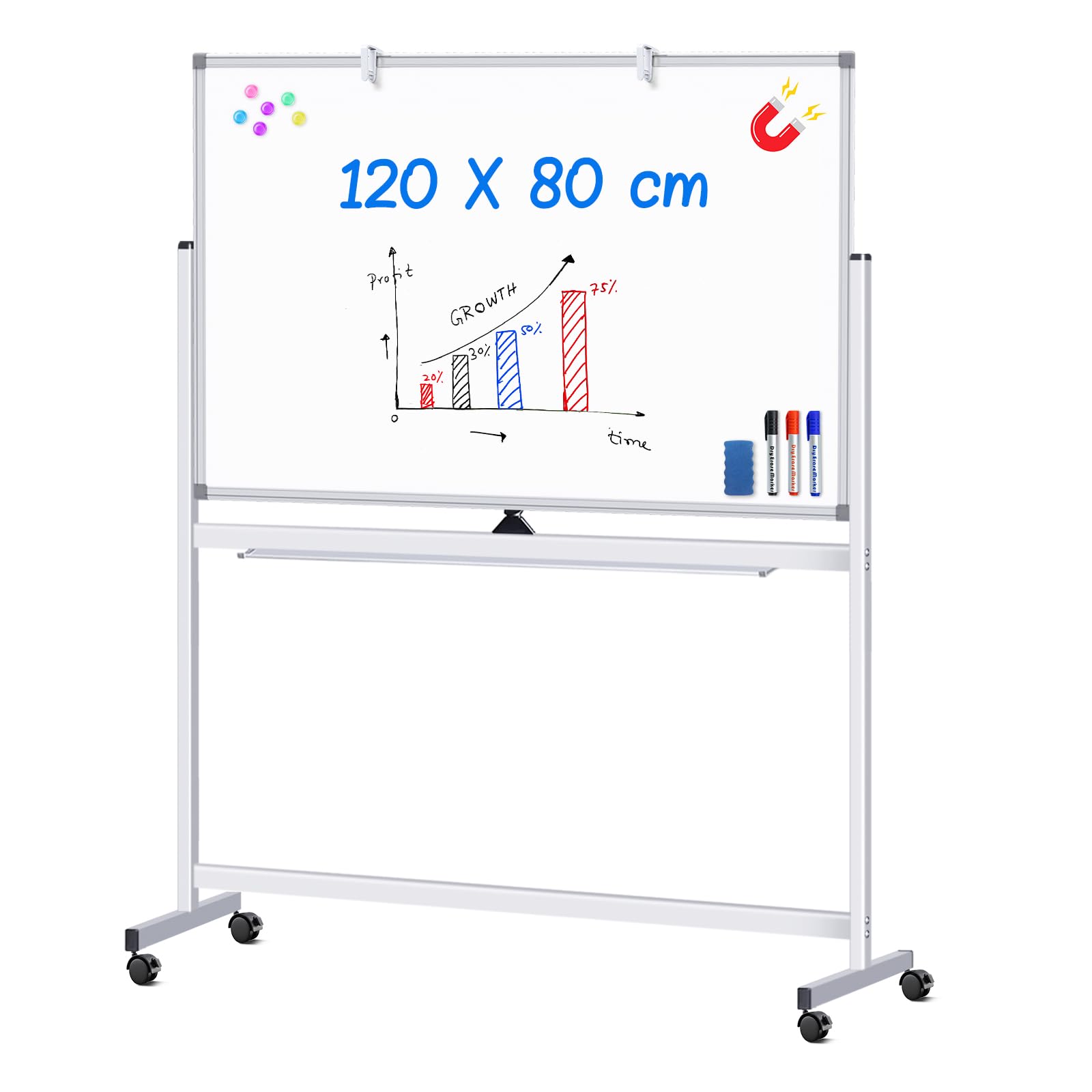 maxtek Pizarra Blanca Móvil 120 x 80 cm, Grande Magnética Whiteboard de Doble Cara con Soporte, Borrado en Seco, Marco de Aluminio, con Bolígrafos, Esponjas, Imanes