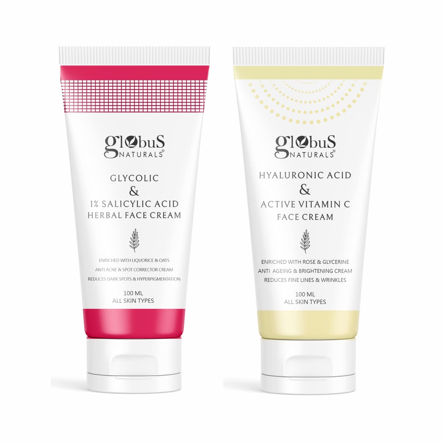 Globus Naturals Glycolic & 1% Salicylic Acid Anti-Acne & Vitamin C & Hyaluronic Acid Anti Ageing Face cream Combo - Set of 2