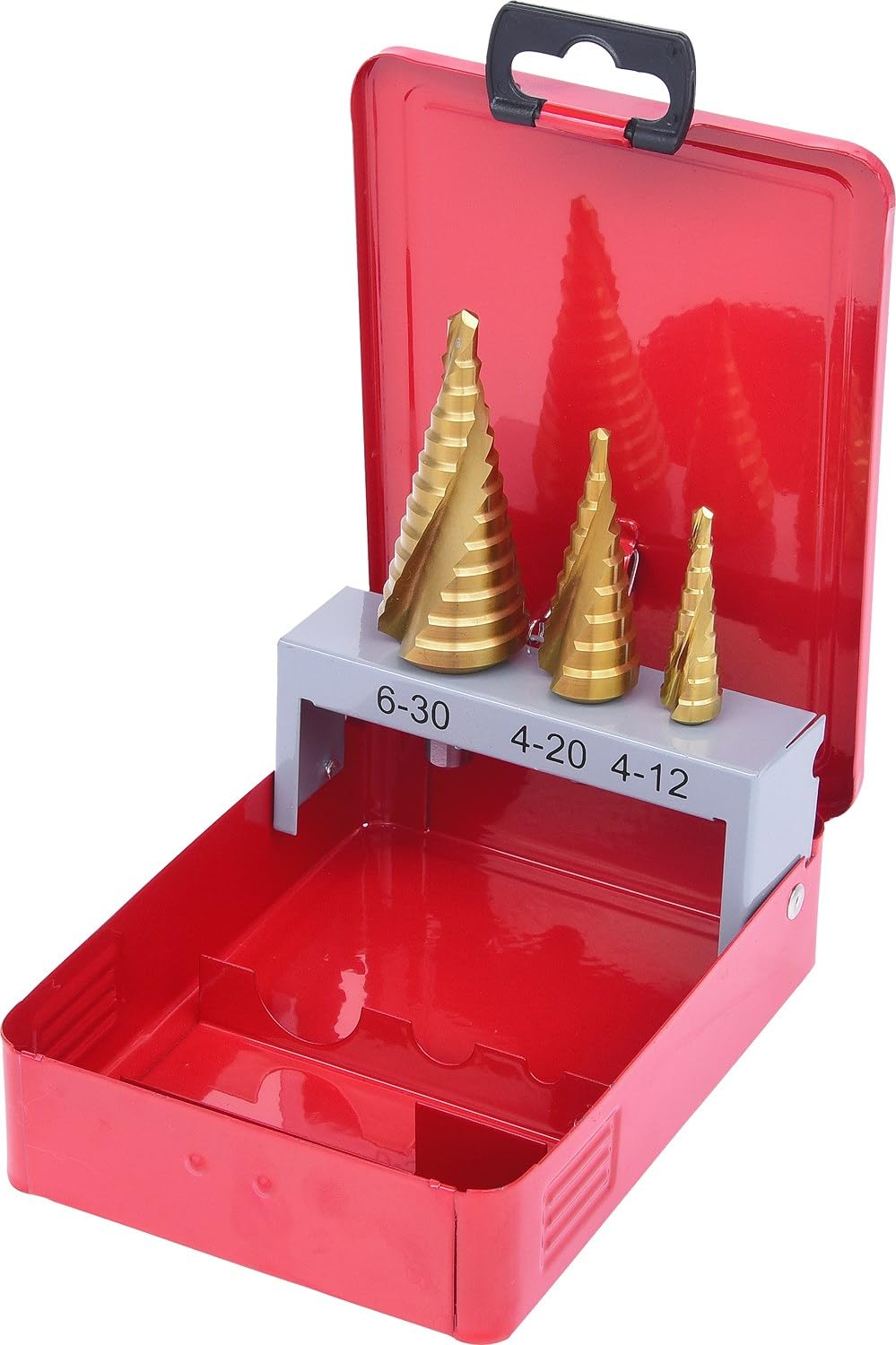 KS Tools 330.2423 Juego de brocas escalonadas HSS TiN en casete de chapa de acero 3 pzs