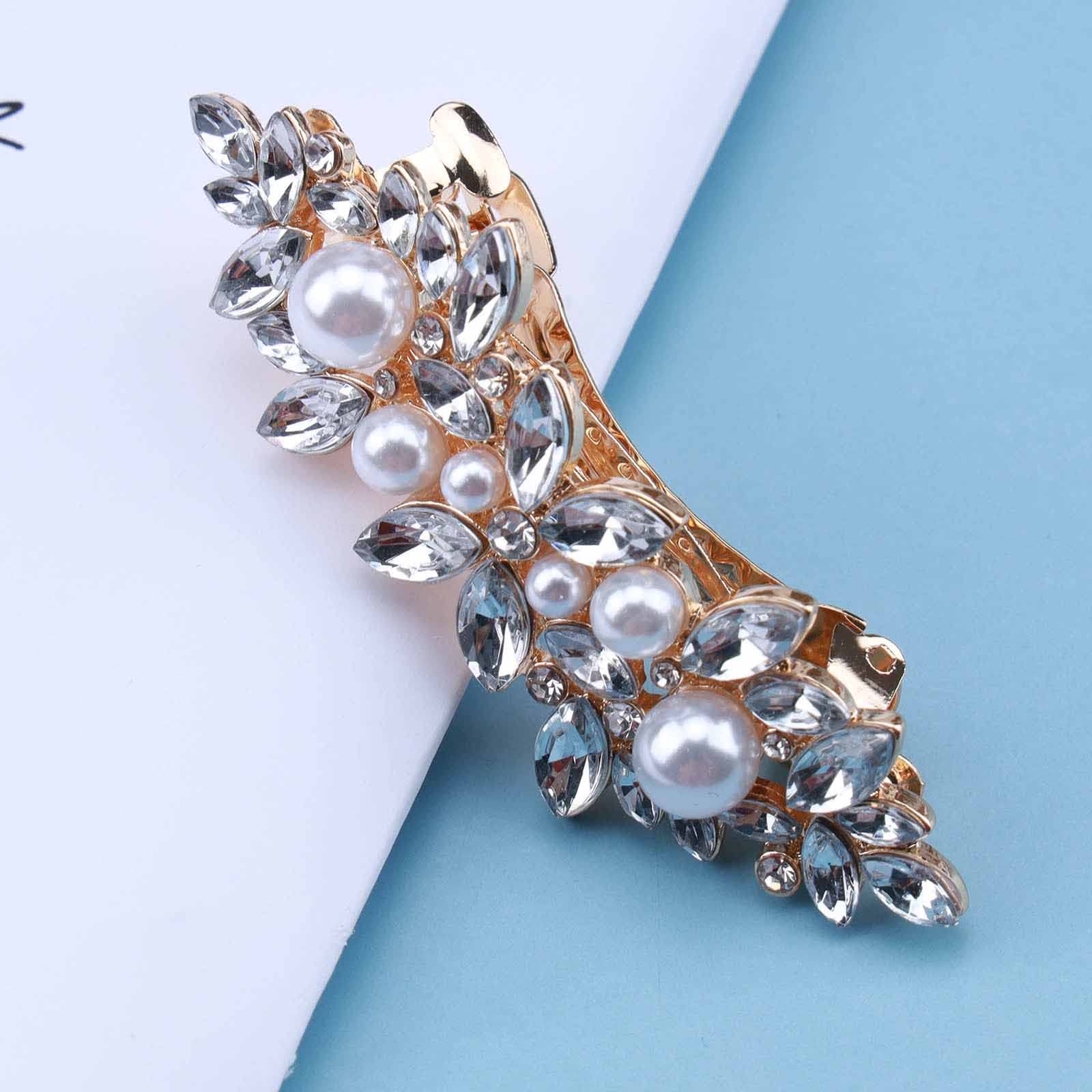 Cimenexe Bohemian Crystal Pearl Hair Clip Sparkly Rhinestone Hair Clip Pin Gold Crystal Hair Pins Clips Paved Flower Hair Barrette Bridal Headwear Decorative Pearl Wedding Hair Accessories Jewelry - Image 3