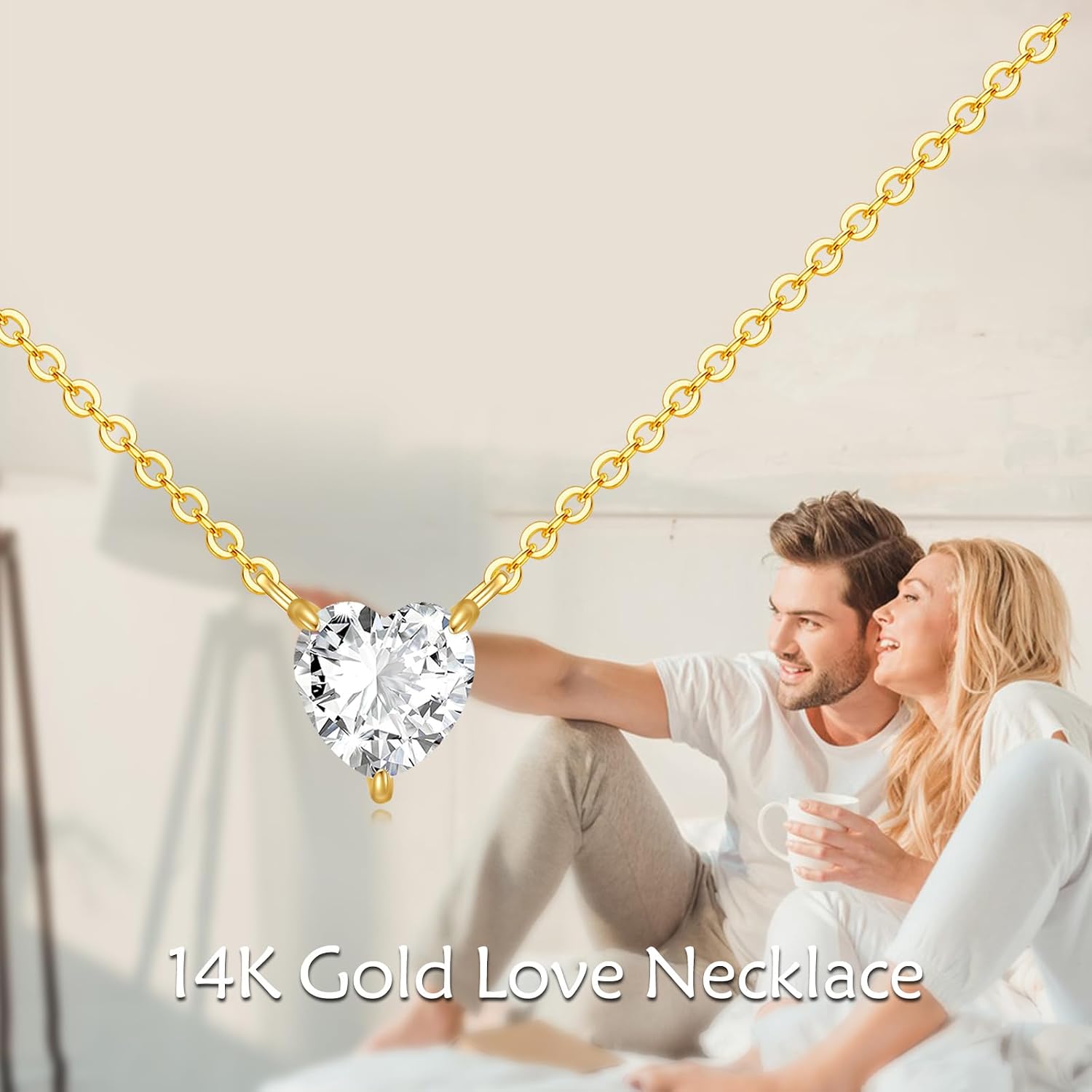 DOVRAN 14K Real Gold Moissanite Necklace for Women 3-Prong Set Heart Cut Moissanite Solitaire Simulated Diamond Choker Necklace Jewelry Gifts for Her 1ct 16+2 Inch