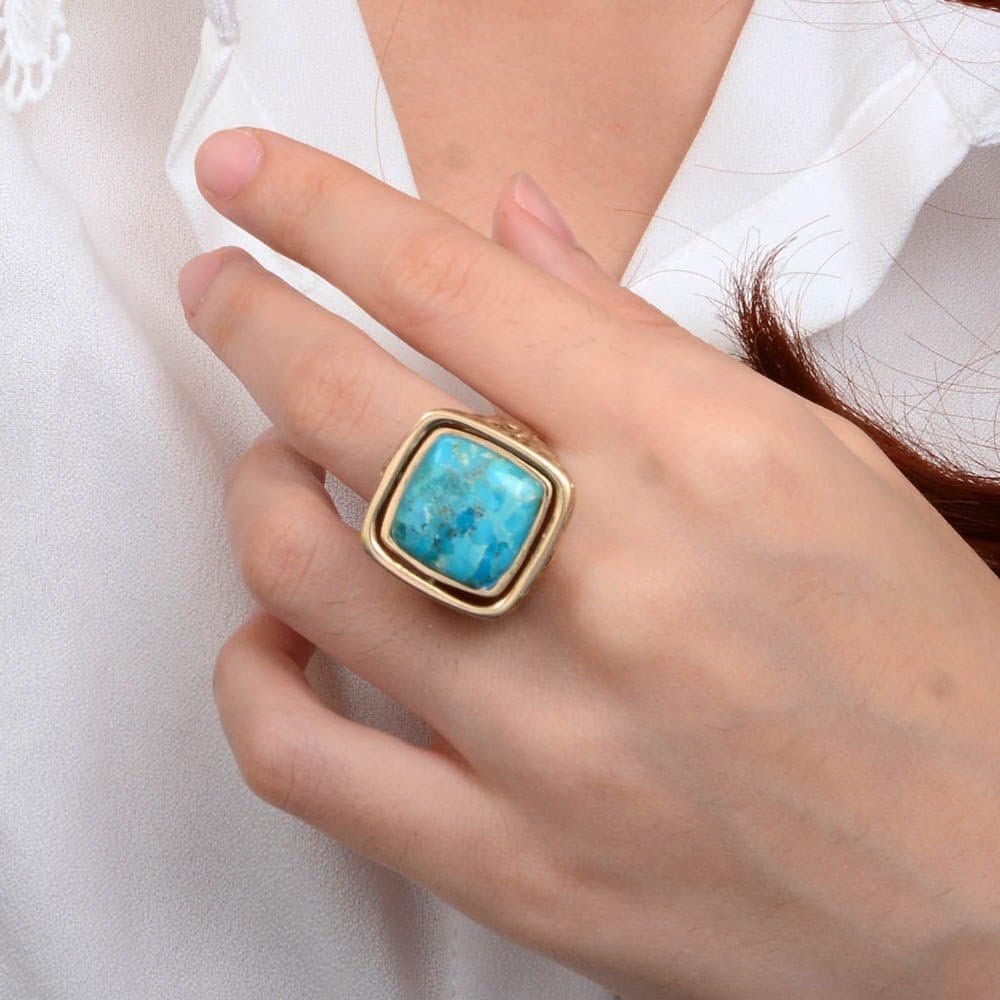 Barse Jewelry Blue Turquoise and White Mother of Pearl Flip Reversible Golden Ring