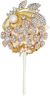 Artificial Wrist Silk Flower Boutonniere Wrist Bouquet Corsage Flower with Peal and Diamond for Wedding Decor,Cocktail Party 1 pcs 3 inch(GoldIvory_Corsae)