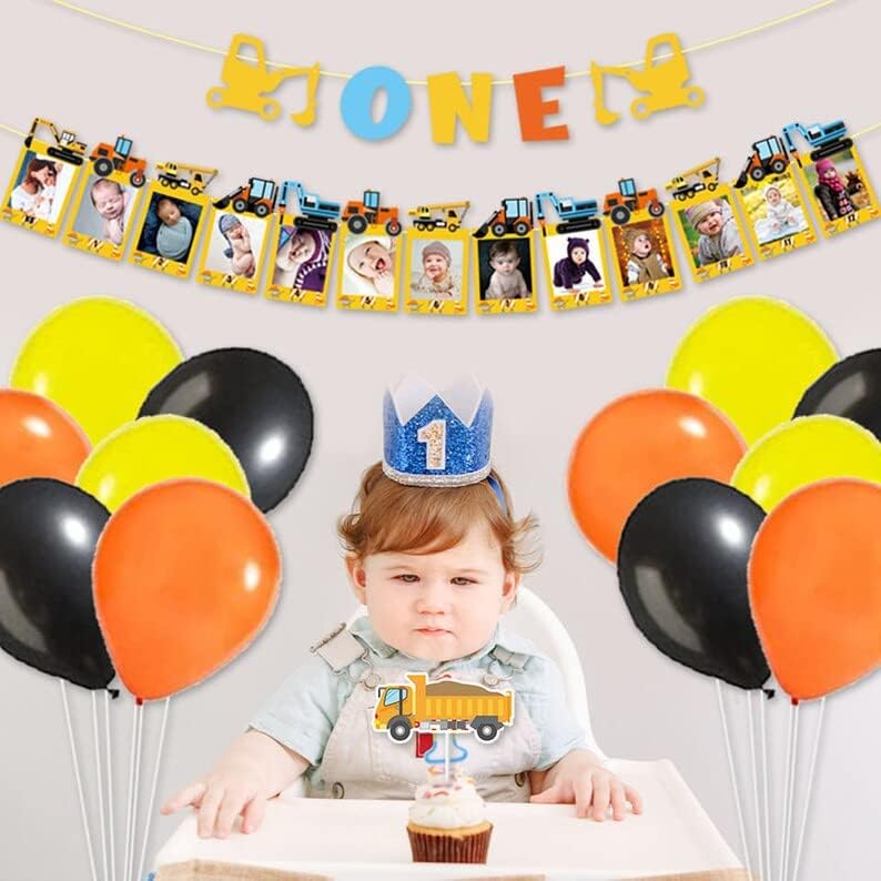 Miniatura 6 de Juego de decoración de fiesta de primer cumpleaños de construcción, paquete de suministros de fiesta de construcción de un niño, tema de primer