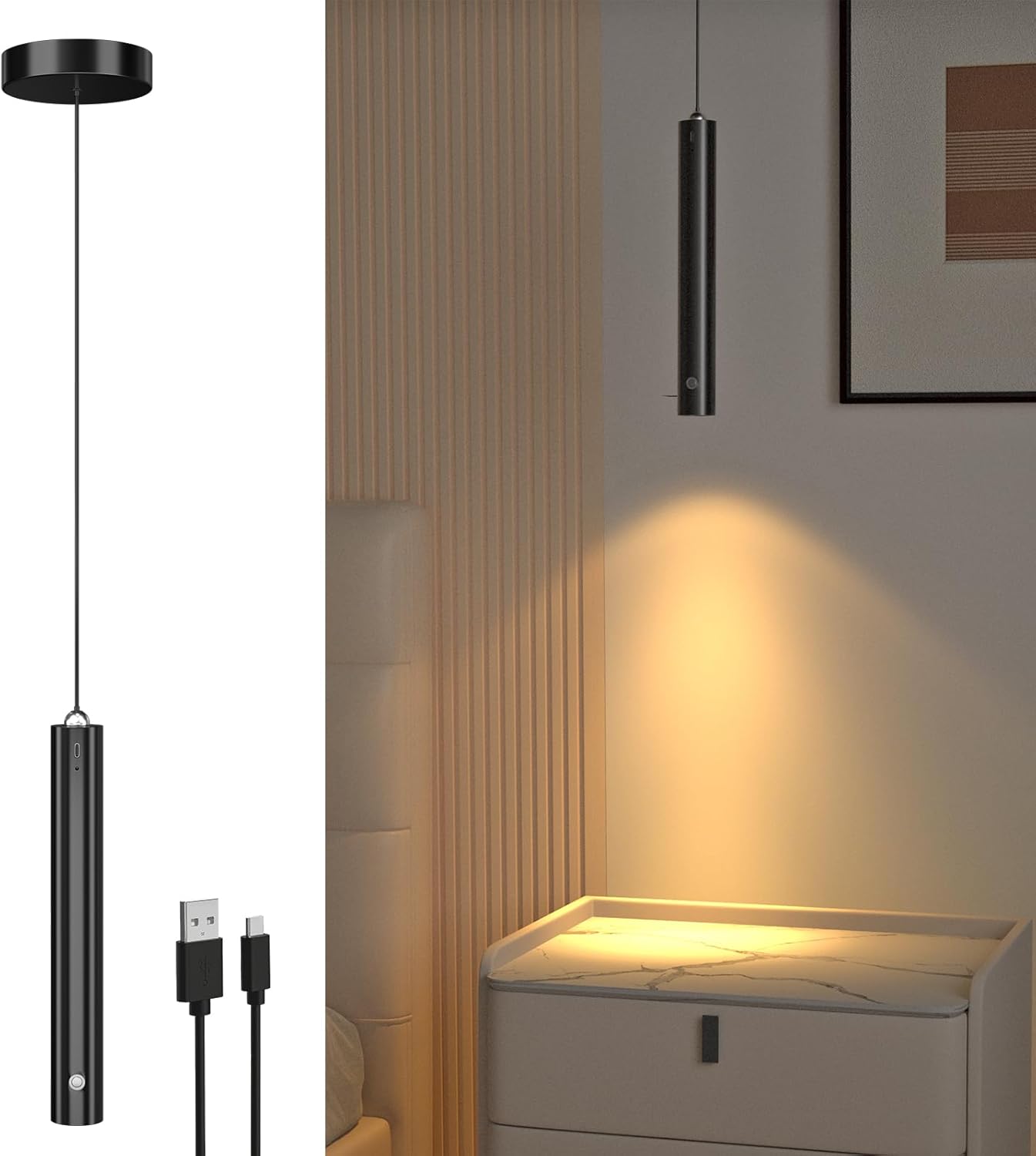 Battery Operated Pendant Light,3W Battery Chandelier with Touch Dimmable,3000K LED Rechargeable Hanging Light with 3000mAh Battery,No Wiring,Height Adjustable,for Island,Bedside Bedroom