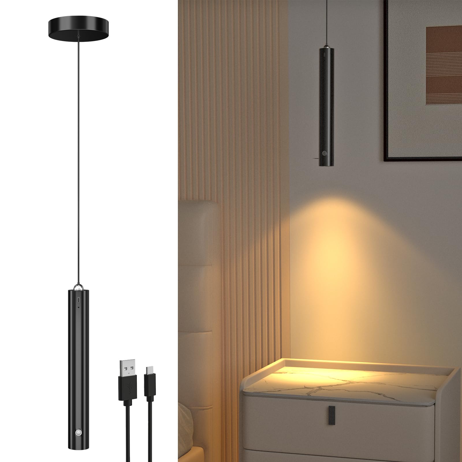 Lamptobe White Battery Pendant Light,3000 Mah Usb Rechargeable Hanging Ceiling Light With Touch Dimmable Control,No Wirie,1Pc Modern Wireless Pendant Lights Height Adjustable,For Island,Bedside,Bedroom
