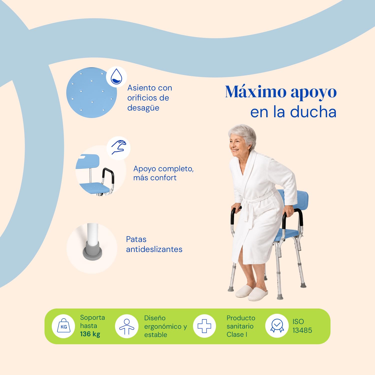 Geriafy Silla de Ducha para Mayores Regulable con Respaldo y Reposabrazos | Silla de ducha para ancianos con respado y reposabrazos Aqua Max