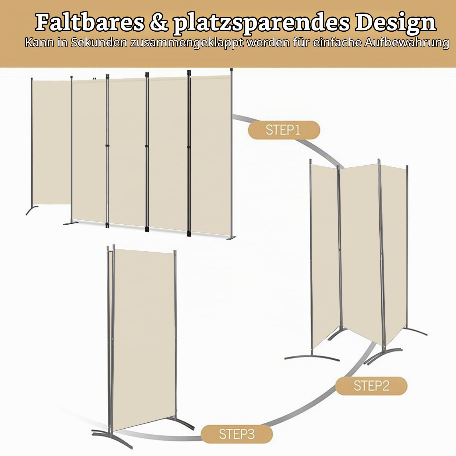 Paravent 3 Teilig Raumteiler Trennwand Balkon Sichtschutz Stellwand Faltbar 260 x 180cm (Beige)
