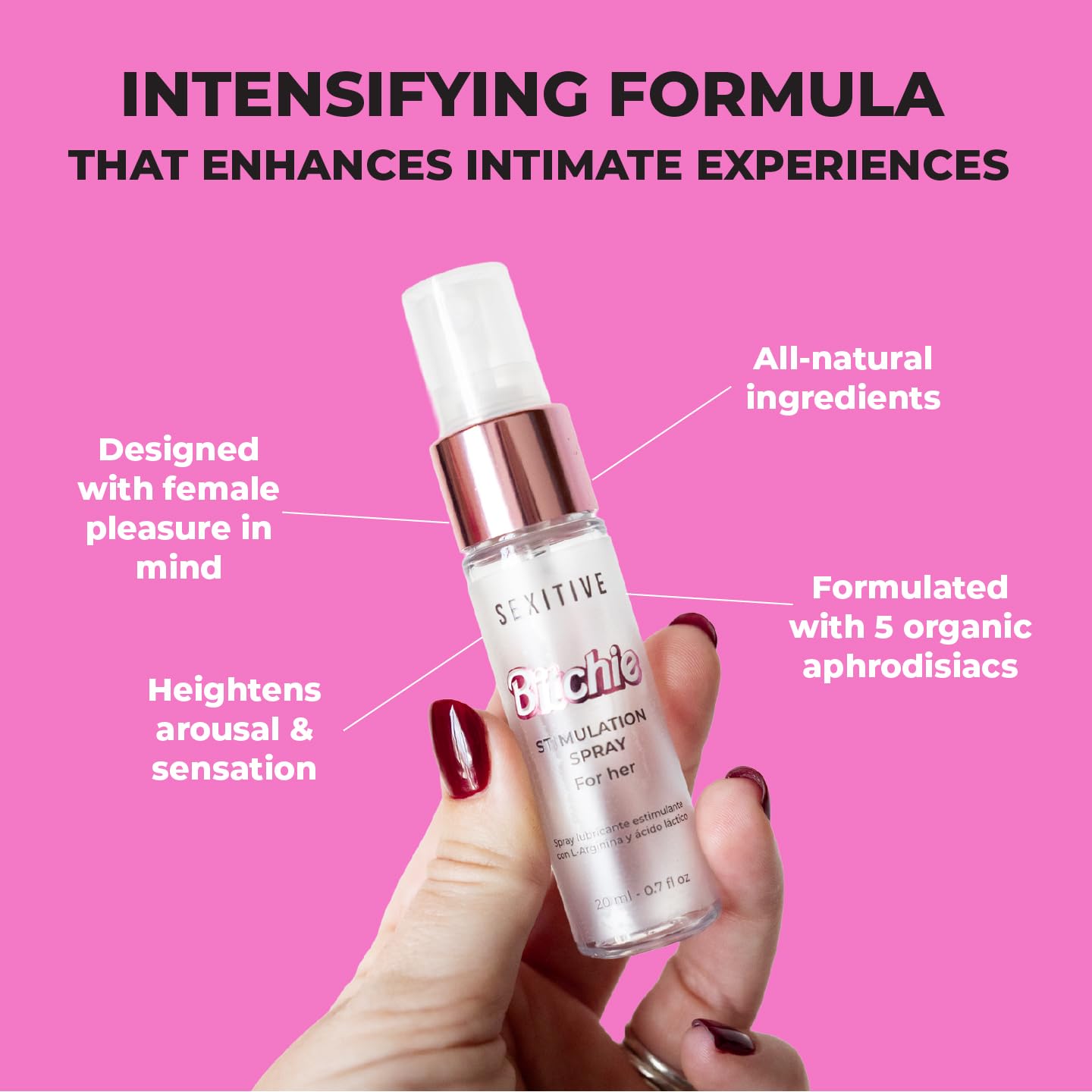 BITCHIE Spray orgásmico rápido. Estimulante femenino con L-Arginina y Ácido láctico - Orgasmos más intensos. Complejo afrodisíaco en base a Guaraná, Ginseng, Ginger y Cinnamon - 20 ml - 0.7 fl oz.