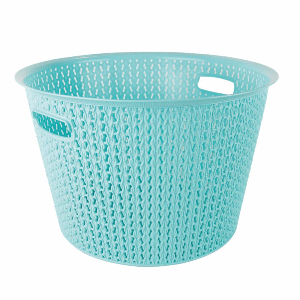 Plastic Laundry Basket Clothes Washing Bin Storage Knitted Hamper Organiser (Blue, Round)