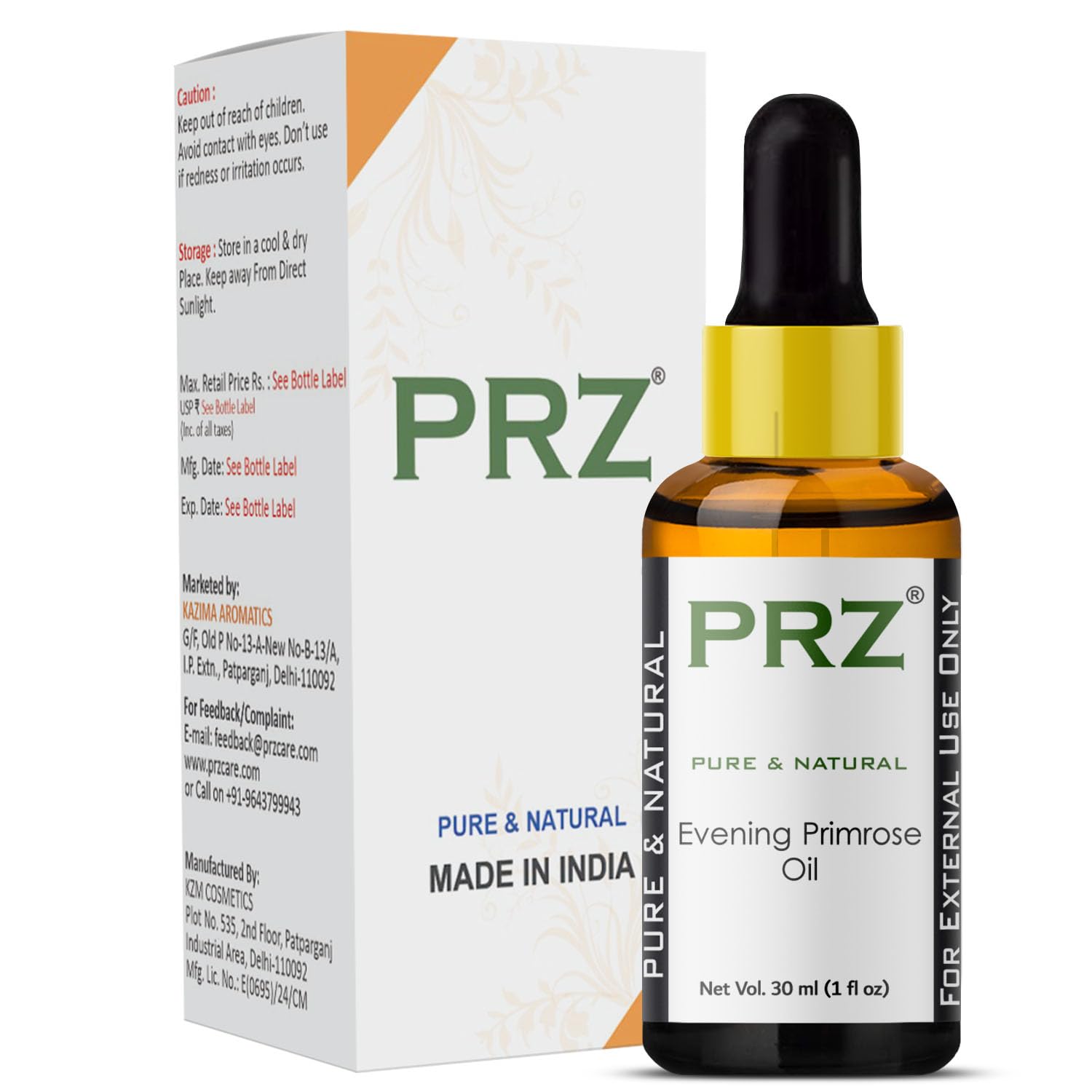 PRZ Evening Primrose Cold Pressed Carrier Oil (30ML) - Pure Natural & Therapeutic Grade Oil For Aromatherapy Body Massage, Skin Care & Hair Care