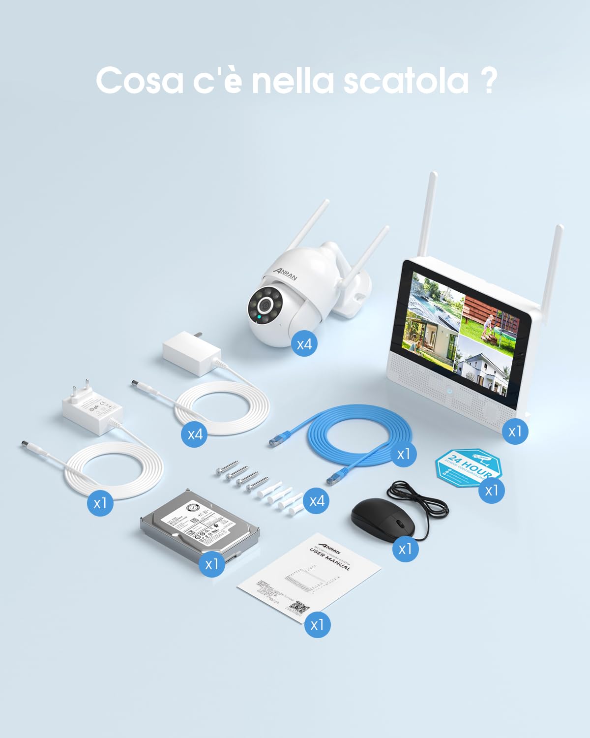 ANRAN 3K Kit Videosorveglianza Wi-Fi 6 con 10,5" Monitor, 8CH NVR + HDD 2TB, 4X5MP PTZ Telecamere WiFi Esterno, Rilevamento AI, Tracciamento Movimento, Notturna a Colori, Registrazione 24/7, IP67