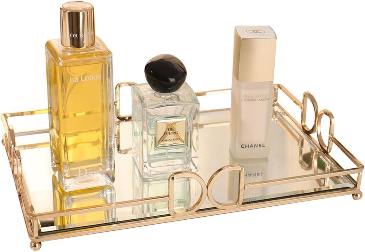 Gold Mirror Tray: Elegant Makeup/Vanity Tray, Luxury Rust-Proof Glass for Bathroom & Bedroom