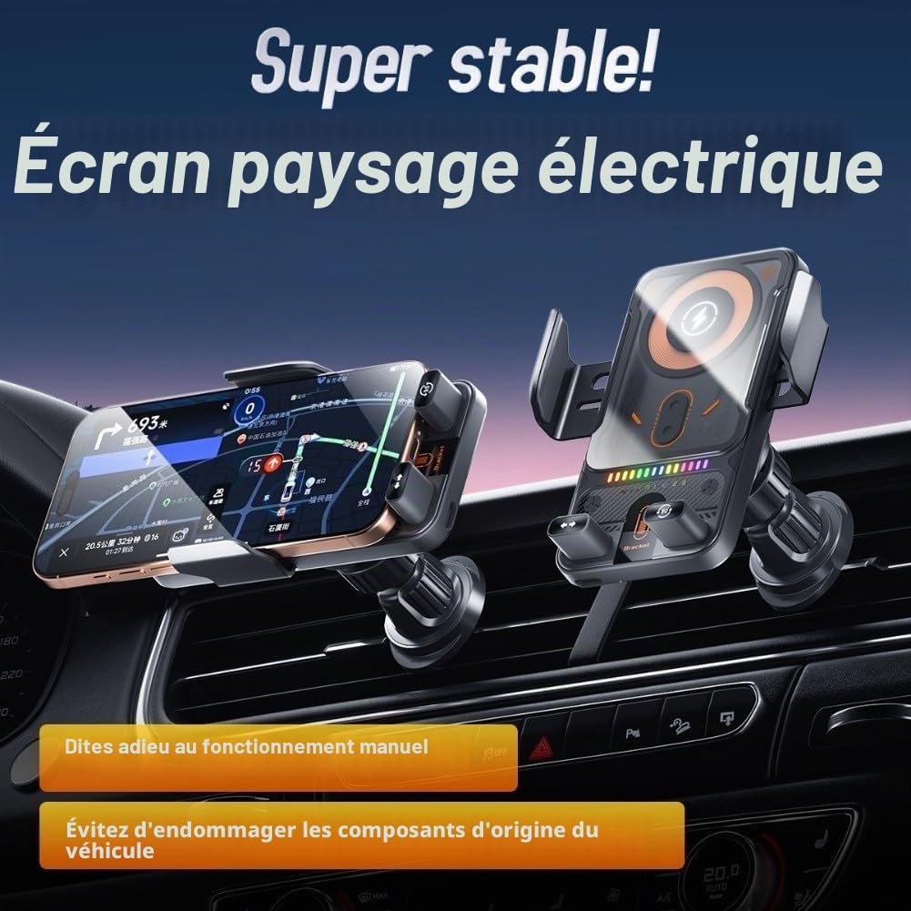 Chargeur de voiture sans fil 15 W et support de téléphone, support de chargeur de voiture sans fil, serrage automatique, installation de sortie d'air (noir)