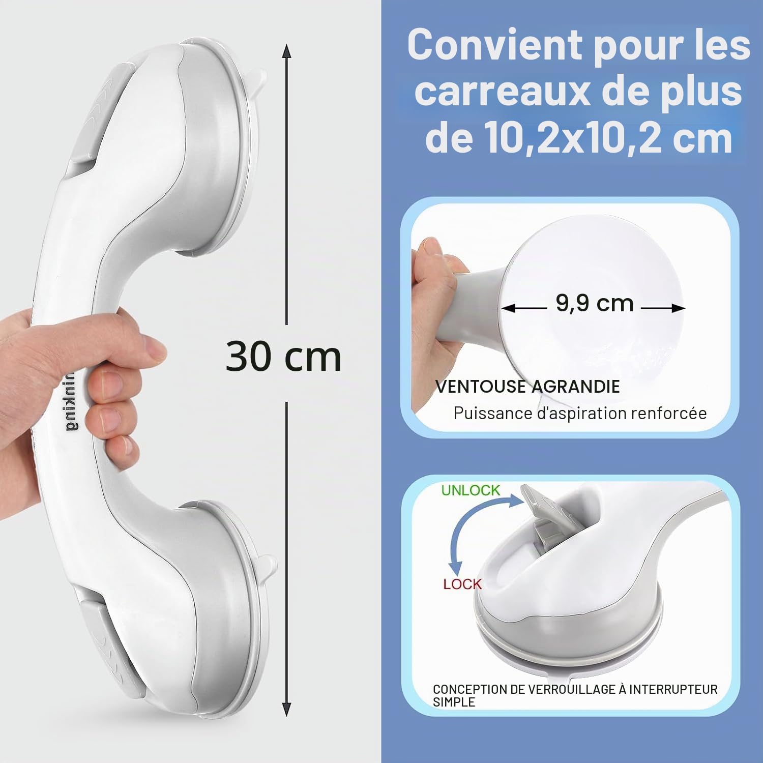 Newthinking Poignée Ventouse, Barre d'appui Douche, 30 cm, 2 Pièces | Poignée douche sécurité ventouse, antidérapant, sans perçage. Pour personnes âgées, handicapés, enfants