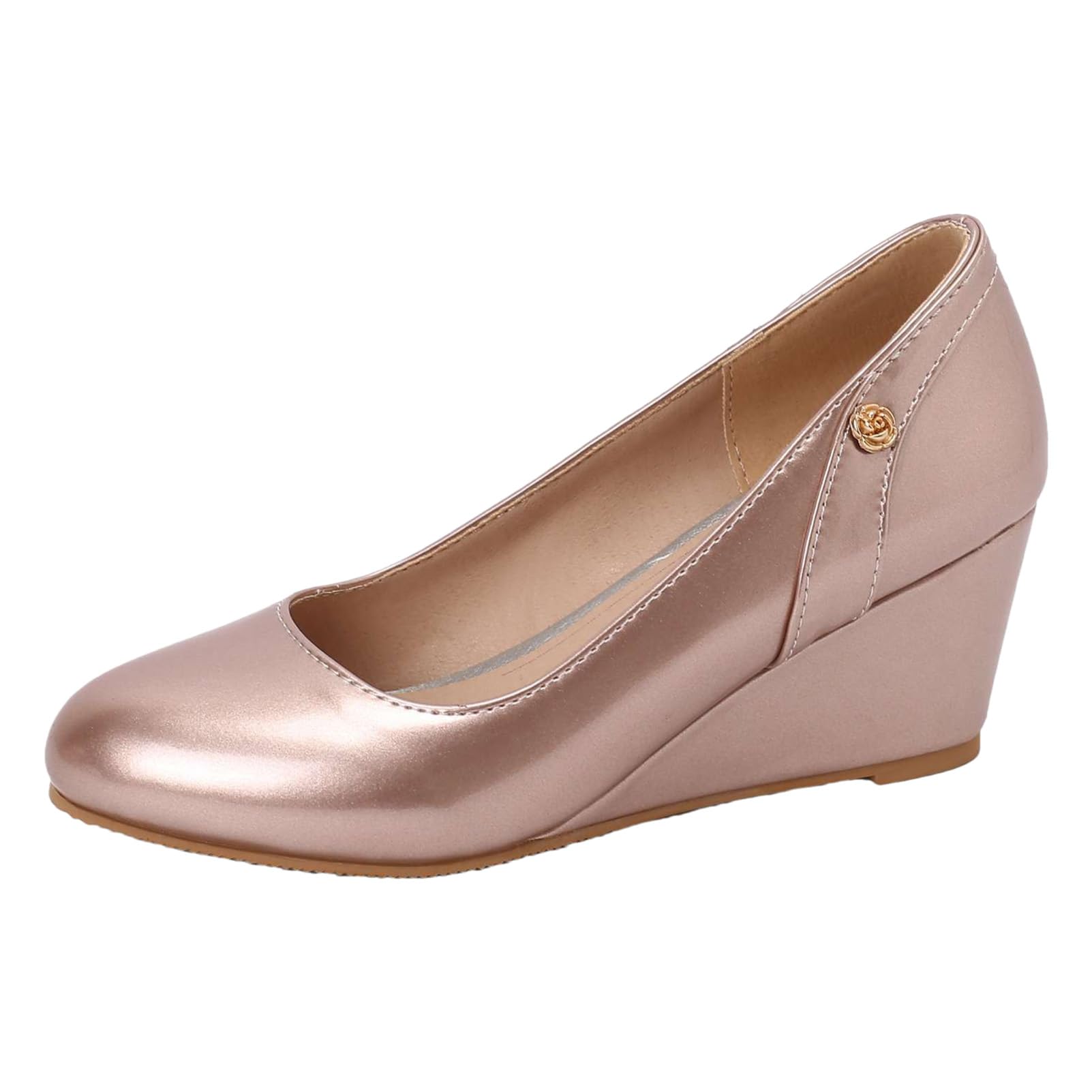 Donna Pelle Verniciata Punta Rotonda Décolleté con Zeppa Scarpe Eleganti
